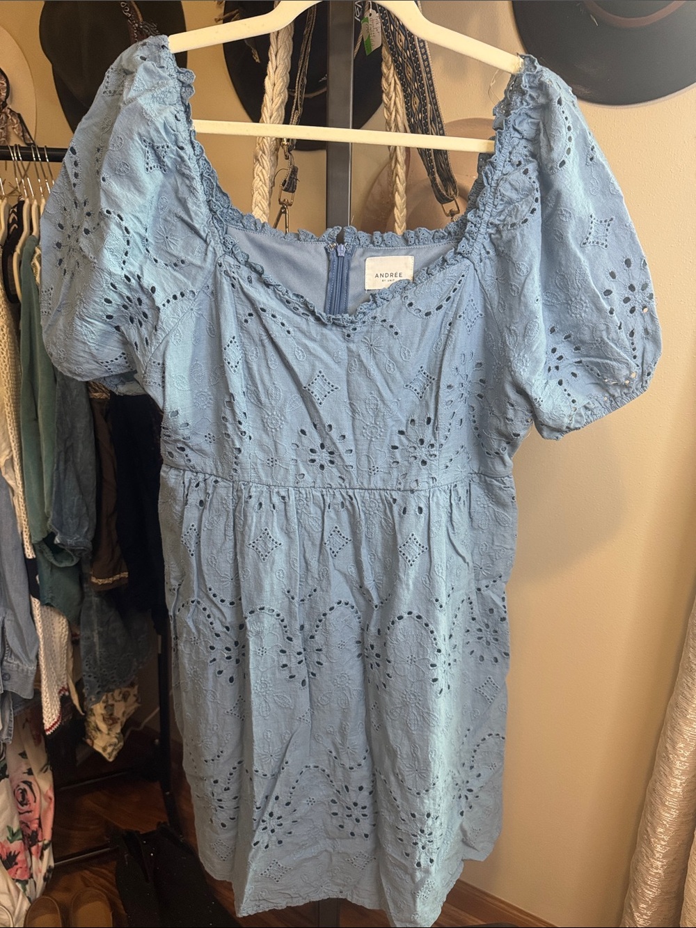 Andree Powder Blue Eyelet Puff Sleeve Dress